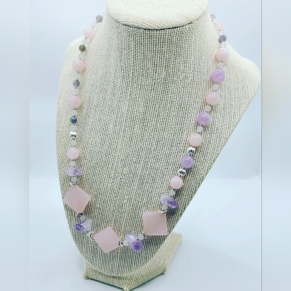 Rose Quartz, Raw Amethyst,  Zirconia Stainless steel clasp Necklace - Picture 2 of 4